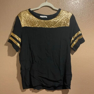 Sandro Metallic Gold and Black Varsity 90s Jersey Football Short Sleeve Top A1
